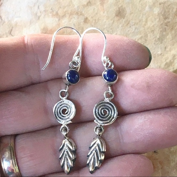 LAPIS LAZULI 925 sterling spiral and leaf earrings - Picture 8 of 9